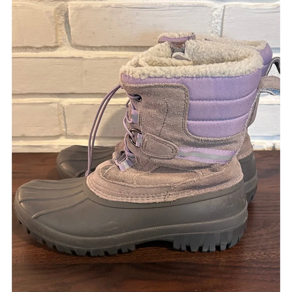 Lands End‎ Youth Snow Boots Gray Purple Waterproof Duck Boots Size 5M Gorpcore